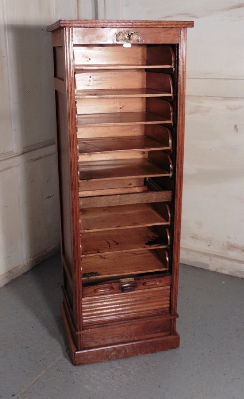 fig 1. French Tambour Golden Oak Art Deco Filing Cabinet 