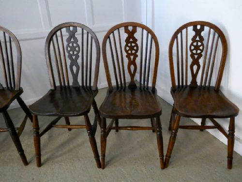 fig 1. A Harlequin Set of 6 Victorian Beech & Elm Wheel Back Windsor Kitchen Dining Chairs