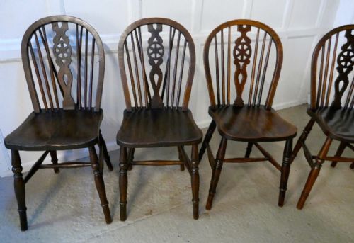 fig 2. A Harlequin Set of 6 Victorian Beech & Elm Wheel Back Windsor Kitchen Dining Chairs