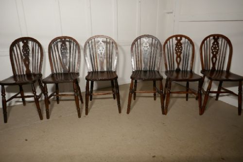 fig 3. A Harlequin Set of 6 Victorian Beech & Elm Wheel Back Windsor Kitchen Dining Chairs
