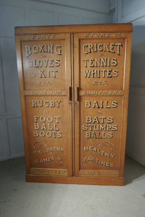 Edwardian Sign Painted Golden Oak Cupboard, Sports Wardrobe