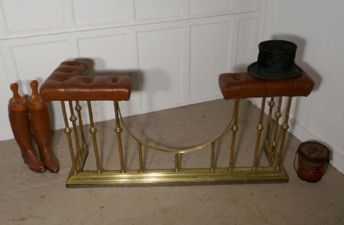 Large 19th Century Brass and Leather Club Fender, Buttoned Leather Seats
