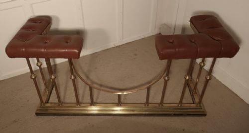 fig 4. Large 19th century Brass and Leather Club Fender, Buttoned Leather Seats
