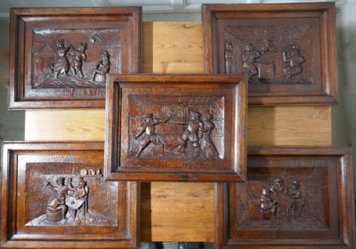 A Set of 5 Flemish Framed Carved Oak Panels, Tavern Scenes of Drinking and Merriment