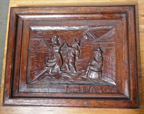 fig 1. A Set of 5 Flemish Framed Carved Oak Panels, Tavern Scenes of Drinking and Merriment