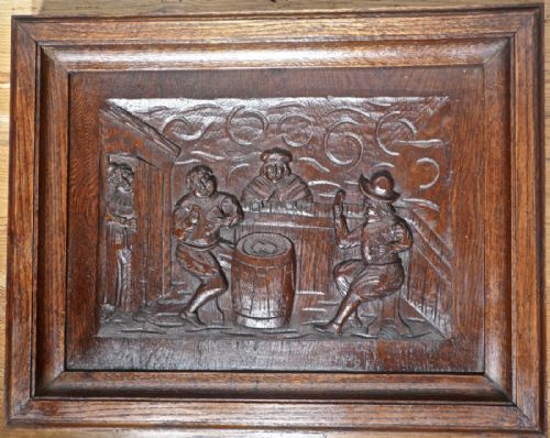 fig 2. A Set of 5 Flemish Framed Carved Oak Panels, Tavern Scenes of Drinking and Merriment
