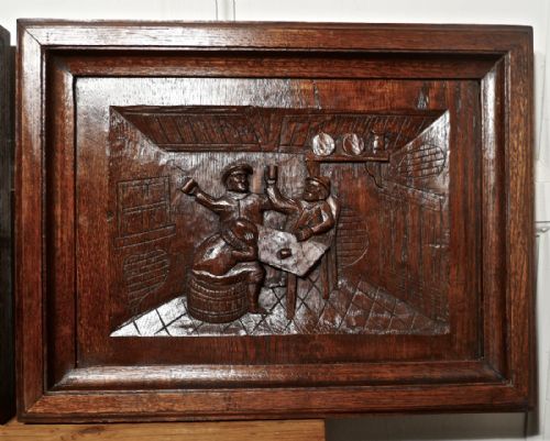 fig 3. A Set of 5 Flemish Framed Carved Oak Panels, Tavern Scenes of Drinking and Merriment