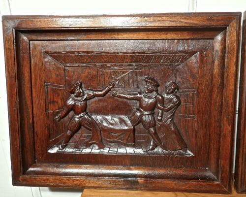 fig 4. A Set of 5 Flemish Framed Carved Oak Panels, Tavern Scenes of Drinking and Merriment