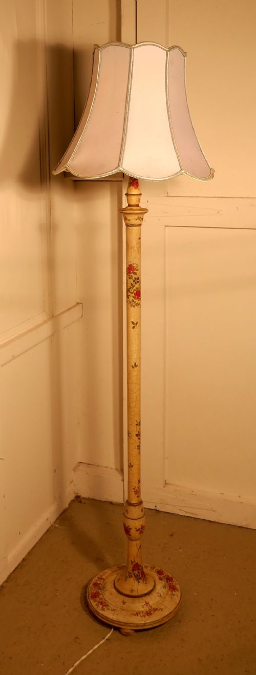 1920s Painted Floor Standing Lamp, Cream with Red Roses Shabby Crackle Glazed Finish