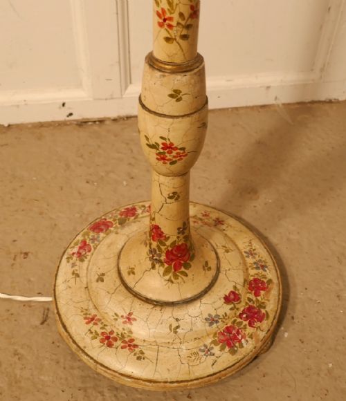 fig 1. 1920s Painted Floor Standing Lamp, Cream with Red Roses Shabby Crackle Glazed Finish