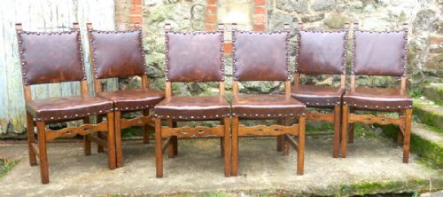 Set of 6 Country Oak Arts and Crafts Leather Upholstered Dining Chairs