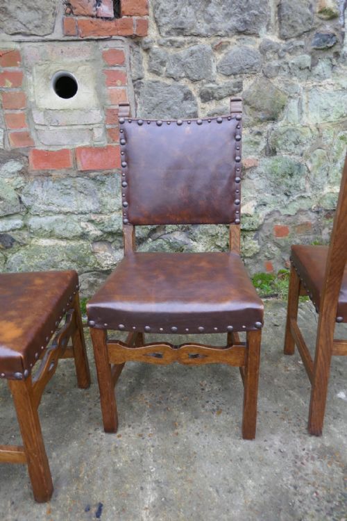 fig 1. Set of 6 Country Oak Arts and Crafts Leather Upholstered Dining Chairs