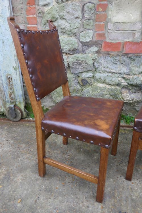 fig 2. Set of 6 Country Oak Arts and Crafts Leather Upholstered Dining Chairs