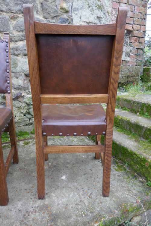 fig 3. Set of 6 Country Oak Arts and Crafts Leather Upholstered Dining Chairs