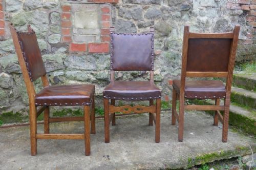 fig 4. Set of 6 Country Oak Arts and Crafts Leather Upholstered Dining Chairs