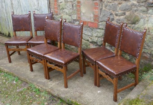 fig 5. Set of 6 Country Oak Arts and Crafts Leather Upholstered Dining Chairs