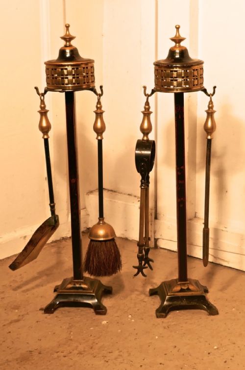 Victorian Decorated Tole Ware Twin Companion Set, Fireside Tools