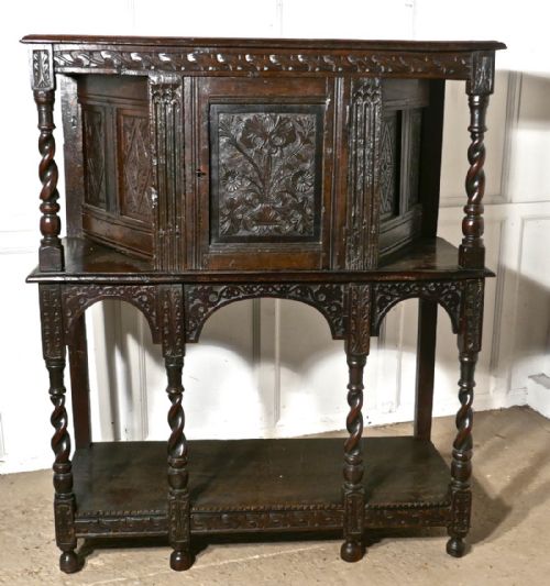 17th  Century Carved Oak Court Cupboard, Cottage Size Livery Cupboard
