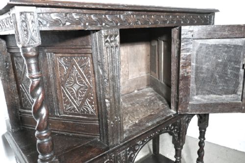 fig 4. 17th Century Carved Oak Court Cupboard, Cottage Size Livery Cupboard