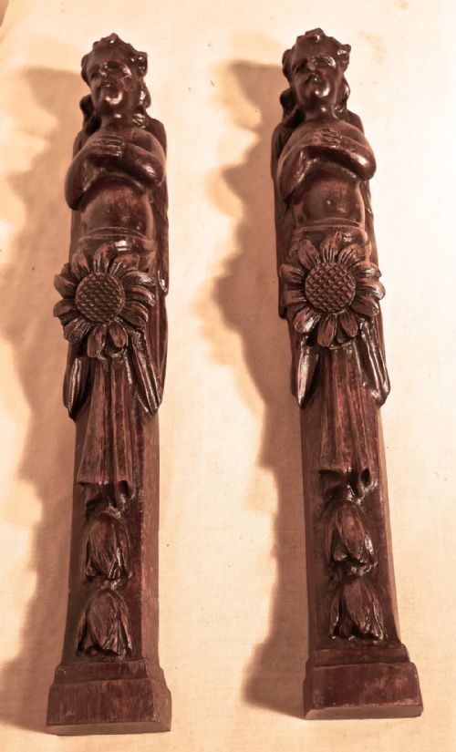 Pair of Early 19th Century Carved Walnut Caryatid. Winged Angels