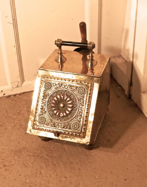 A Victorian Brass Coal Scuttle, with Liner and Shovel