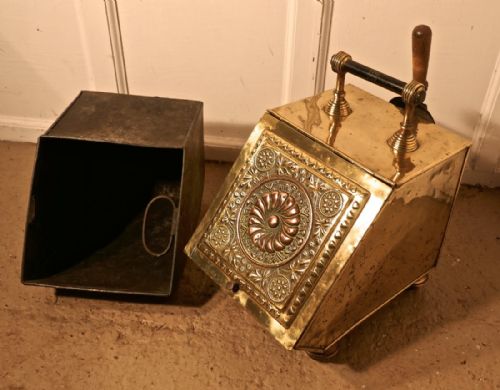 fig 1. A Victorian Brass Coal Scuttle, with Liner and Shovel