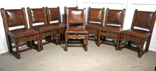 Set of 8, 19th Century Carved Oak and Leather Dining Chairs