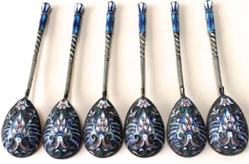 A Good Set of 6 Russian Imperial Silver Cloisonné Enamel Spoons    