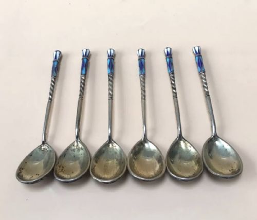 fig 1. A Good Set Of 6 Russian Imperial Silver Cloisonné Enamel Spoons    