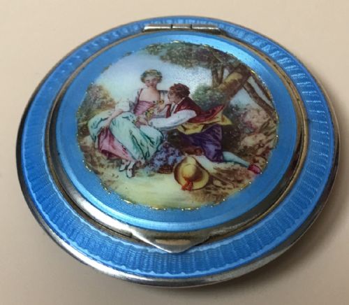 Charming German Sterling Silver Guilloche Enamel Compact Case