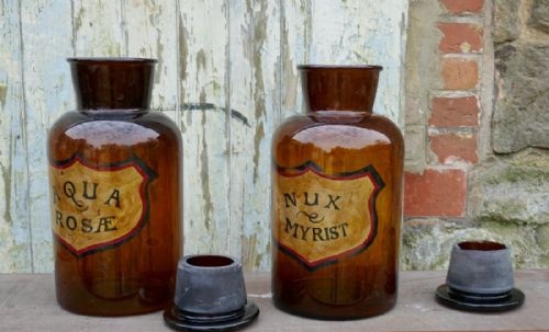 fig 1. A Pair of Amber Glass Chemist Jars, Large Stoppers