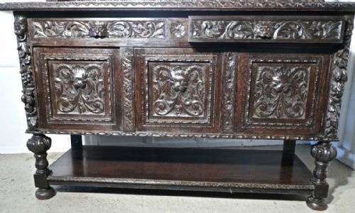 fig 1. 19th Century Carved Oak Mirror Back Dresser with Tree of Life and Green Man Carvings