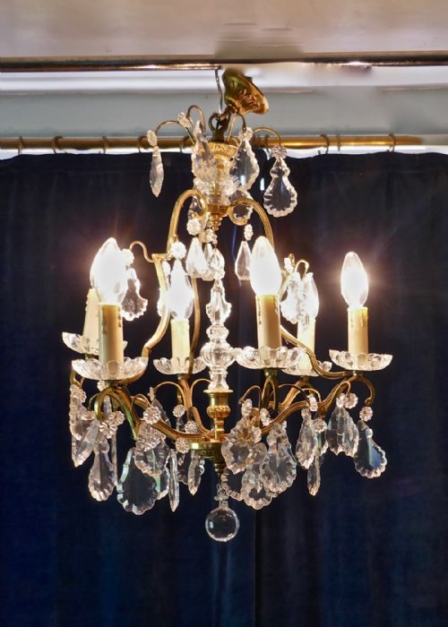 French Cut Glass 6 Branch Brass Chandelier