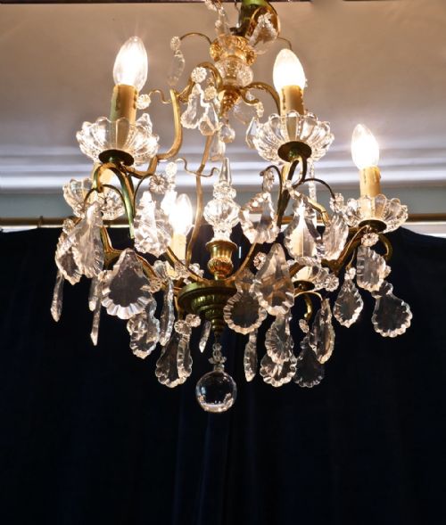 fig 1. French Cut Glass 6 Branch Brass Chandelier