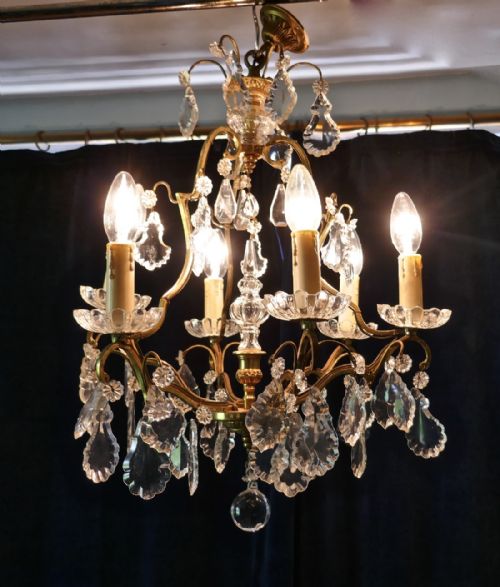 fig 4. French Cut Glass 6 Branch Brass Chandelier