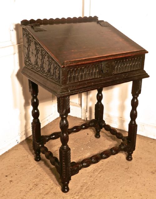 17th Carved Oak Bible Box Reading Slope Desk on Stand