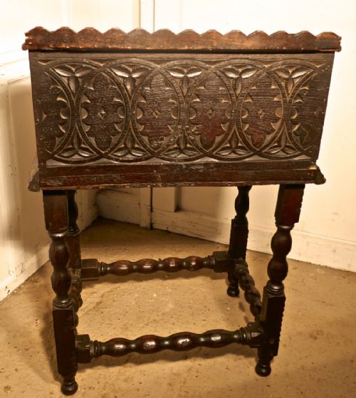 fig 3. 17th Carved Oak Bible Box Reading Slope Desk on Stand