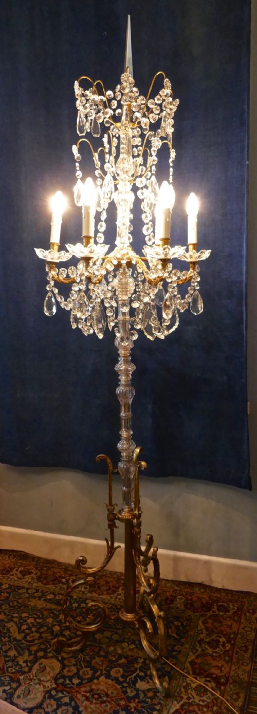 Tall French Brass and Crystal Floor Standing 6 Branch Chandelier Lamp