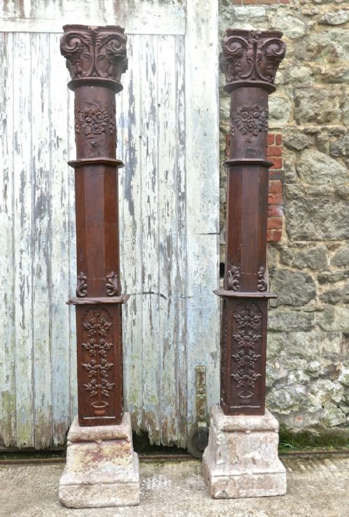 A Pair of Antique Gothic Carved Oak Columns on Stone Bases