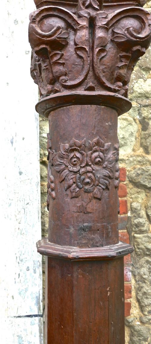fig 1. A Pair of Antique Gothic Carved Oak Columns on Stone Bases