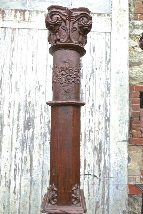 fig 2. A Pair of Antique Gothic Carved Oak Columns on Stone Bases