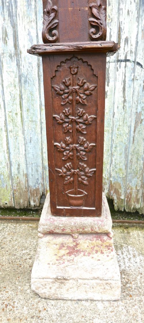 fig 3. A Pair of Antique Gothic Carved Oak Columns on Stone Bases