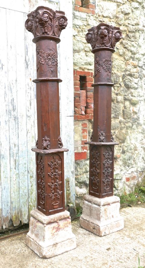 fig 4. A Pair of Antique Gothic Carved Oak Columns on Stone Bases