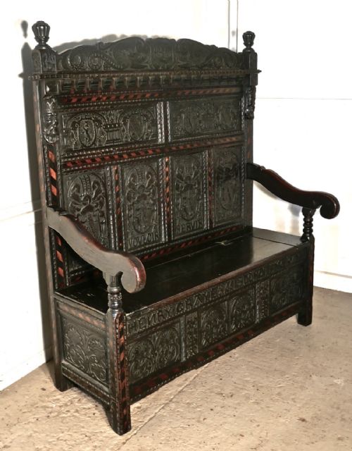 fig 1. An 17th Century High Back Inlaid Oak Marriage Settle