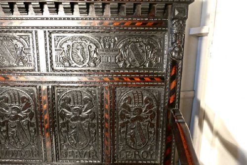 fig 4. An 17th Century High Back Inlaid Oak Marriage Settle