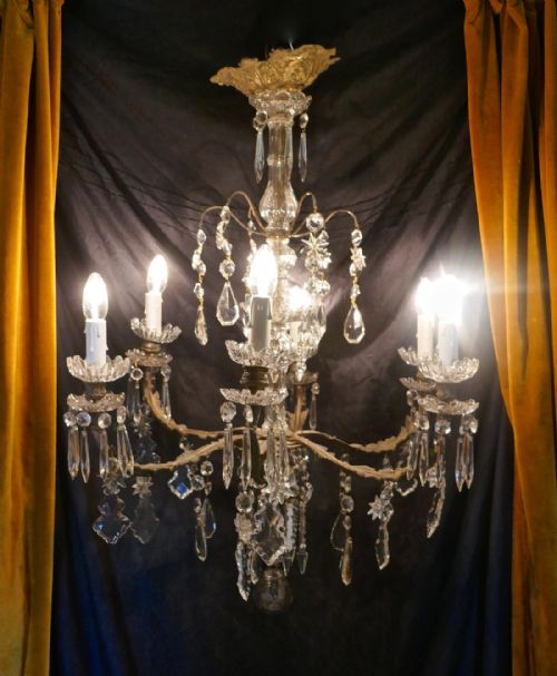 A Stunning French Cristal 6 Branch Brass Chandelier