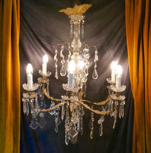 fig 3. A Stunning French Cristal 6 Branch Brass Chandelier