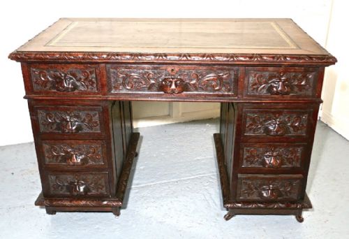 Victorian Green Man Carved Oak Pedestal Desk