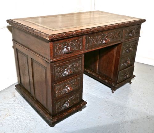 fig 1. Victorian Green Man Carved Oak Pedestal Desk