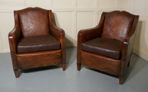 A Pair of Elegant Shabby French Art Deco Leather Club Chairs